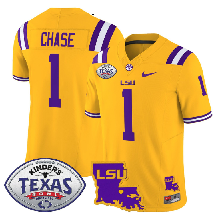 Ja'Marr Chase Jersey #1 LSU Tigers 2024 Texas Bowl Patch Football Stitched Gold