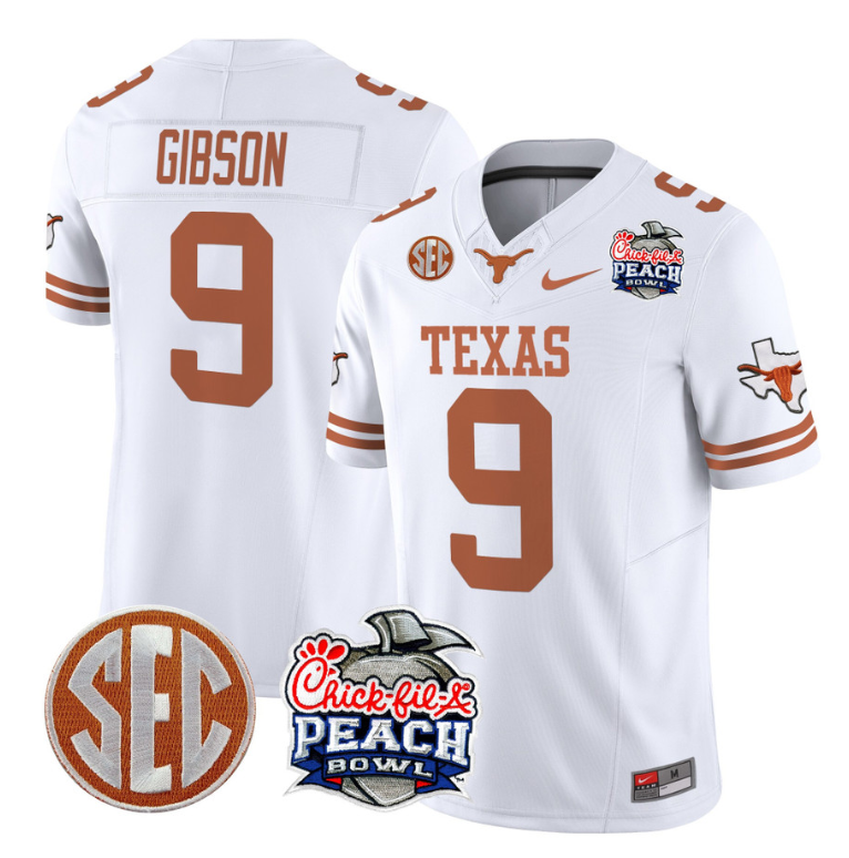 Jerrick Gibson Jersey #9 Texas Longhorns Peach Bowl Patch Vapor White