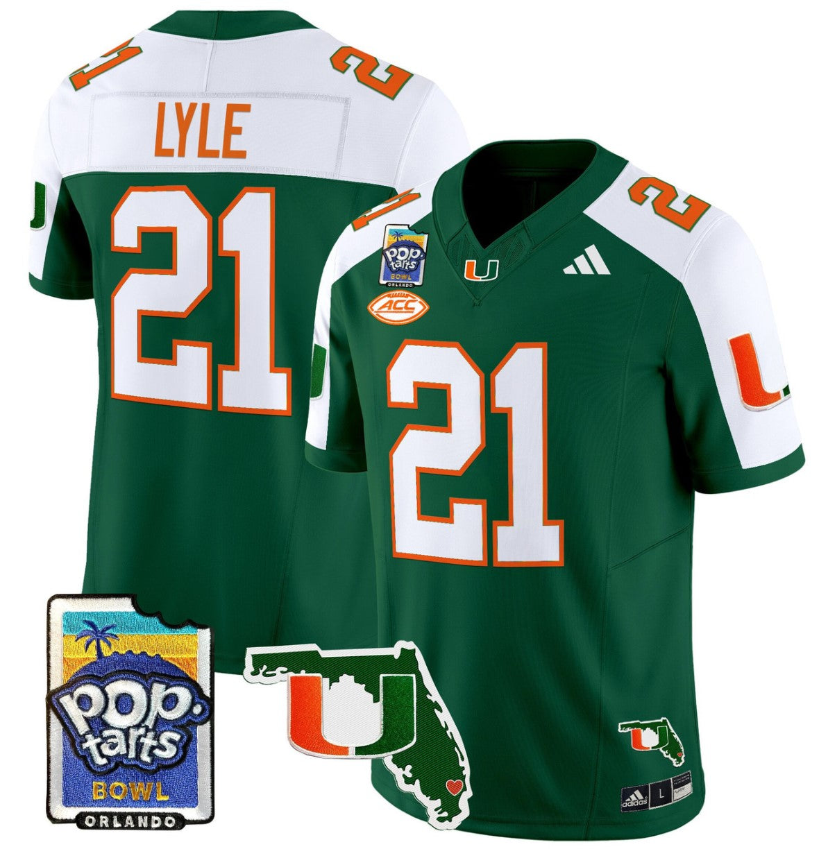 Jordan Lyle Jersey #21 Miami Hurricanes 2025 PopTarts Bowl Patch Green Alternate