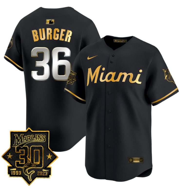 Jake Burger Jersey #36 Miami Marlins 30 Seasons Anniversary Patch Vapor Limited Stitched Black Gold