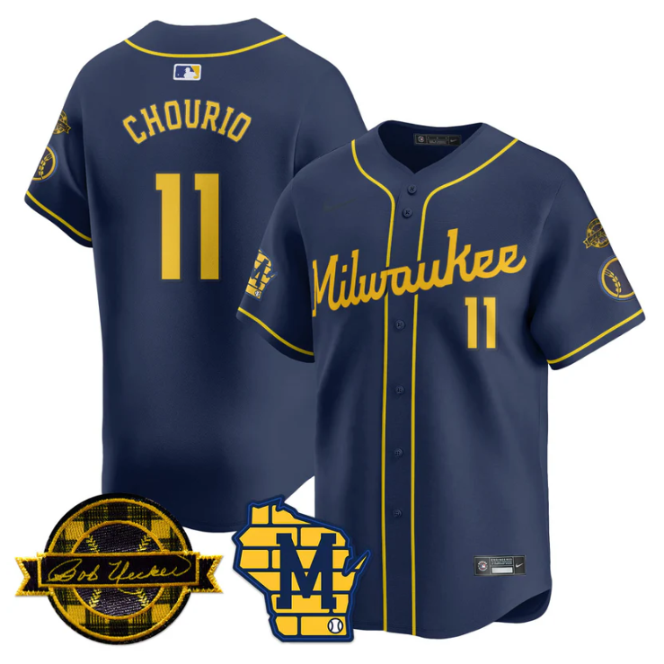 Jackson Chourio Jersey #11 Milwaukee Brewers 2025 Limited Bob Uecker Patch Stitched Navy