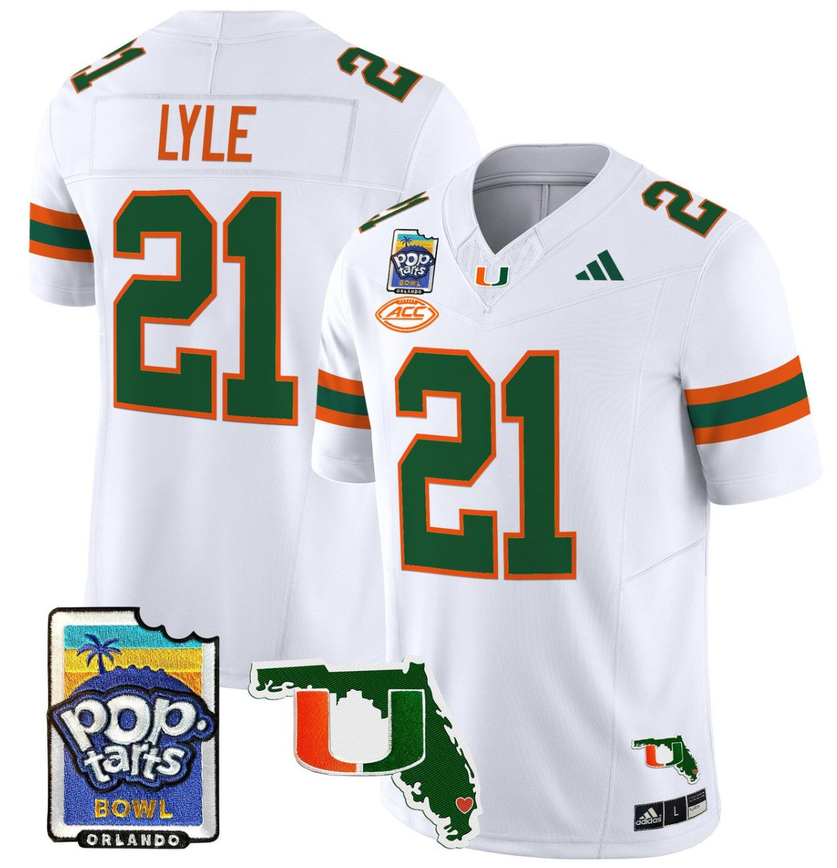 Jordan Lyle Jersey #21 Miami Hurricanes 2025 PopTarts Bowl Patch White