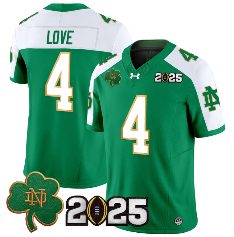Jeremiyah Love Jersey #4 Notre Dame 2025 CFP Final Patch Green Alternate