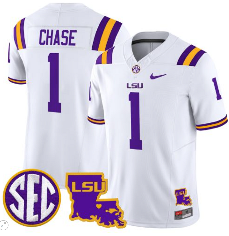 Ja'Marr Chase Jersey #1 LSU Tigers 2024 Louisiana Patch Vapor Limited College Football Stitched White