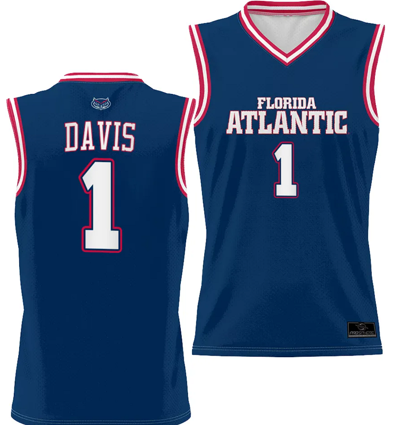Johnell Davis Jersey #1 FAU Owls Full Sublimated Alternate Basketball Navy