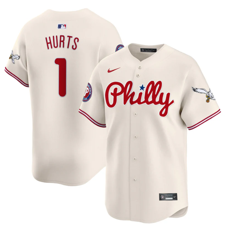 Jalen Hurts Jersey #1 Phillies and Eagles Vapor Premier Limited Stitched Cream