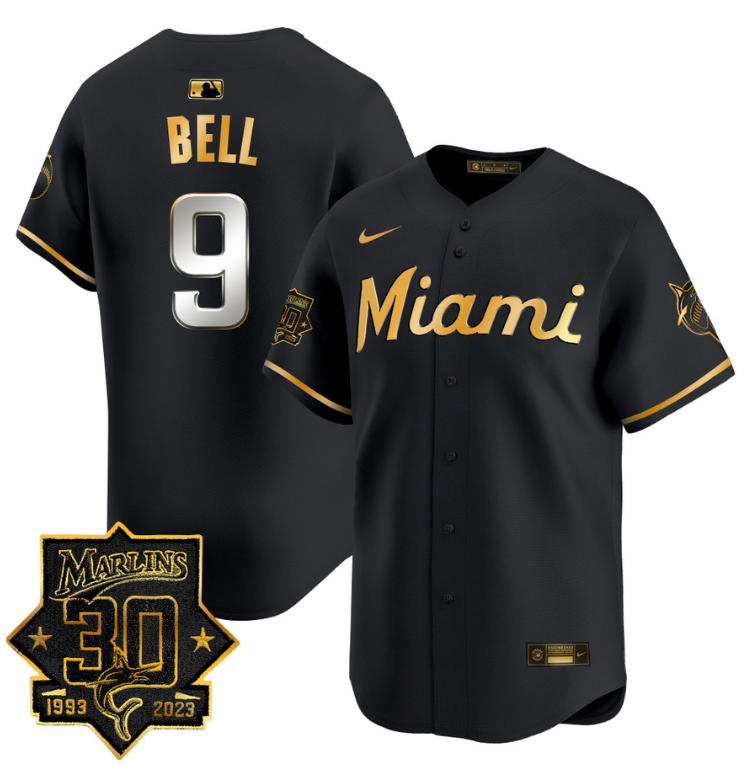 Josh Bell Jersey #9 Miami Marlins 30 Seasons Anniversary Patch Limited Stitched Black Gold