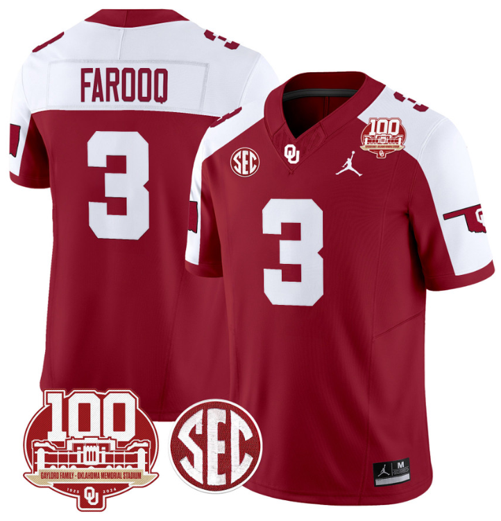 Jalil Farooq Jersey #3 Oklahoma Sooners 100th Anniversary Patch Vapor Limited College Football Stitched Crimson Alternate