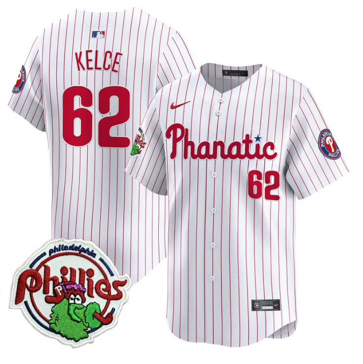 Jason Kelce Jersey #62 Phillies Phanatic Patch Vapor Premier Limited Stitched White Pinstripe