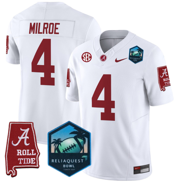 Jalen Milroe Jersey #4 Alabama Crimson Tide 2025 ReliaQuest Bowl White