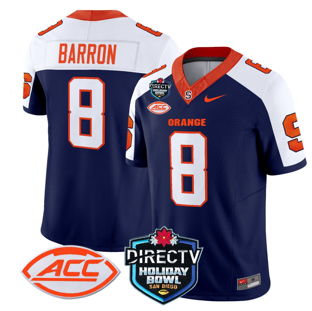 Justin Barron Jersey #8 Syracuse Orange 2025 Holiday Bowl Patch Navy Alternate
