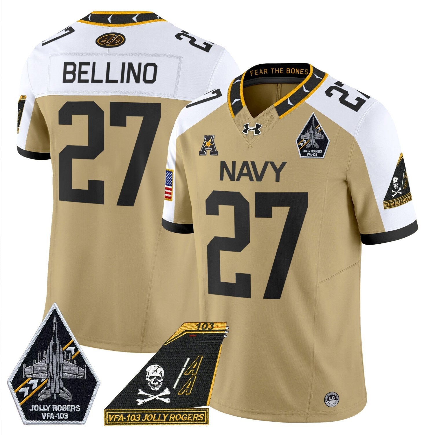 Joe Bellino Jersey #27 Navy Midshipmen 2024 Jolly Rogers Patch Gold Alternate