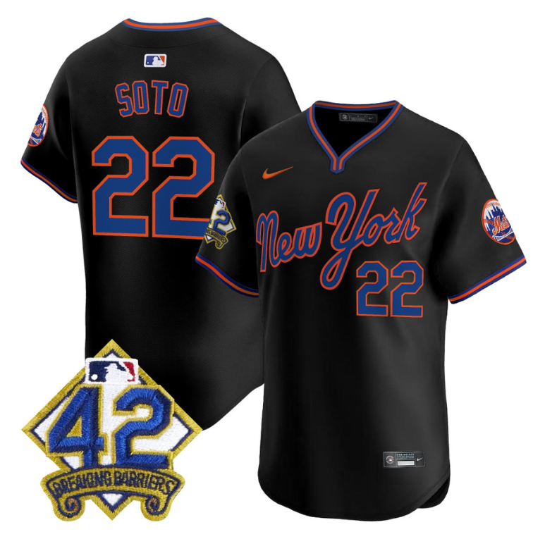 Juan Soto Jersey #22 New York Mets 2025 Jackie Robinson Patch Road Alternate Stitched Black
