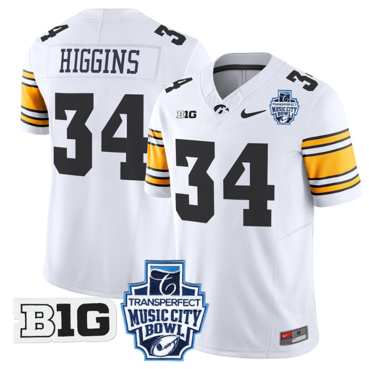 Jay Higgins Jersey #34 Iowa Hawkeyes 2024 Music City Bowl Patch White