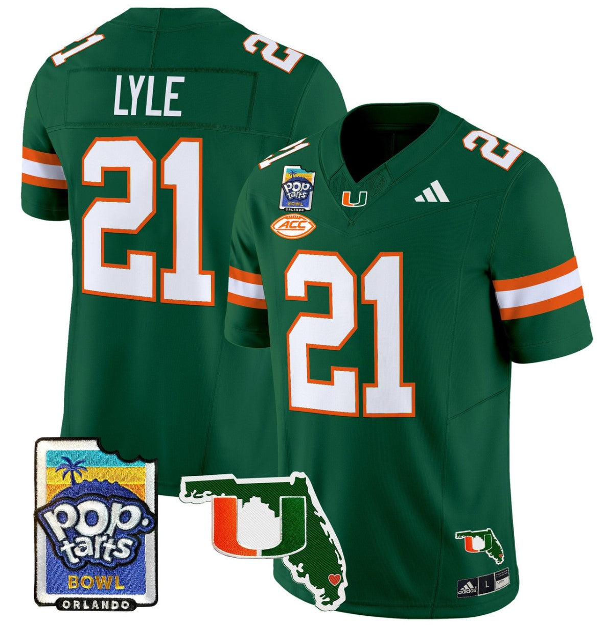 Jordan Lyle Jersey #21 Miami Hurricanes 2025 PopTarts Bowl Patch Green