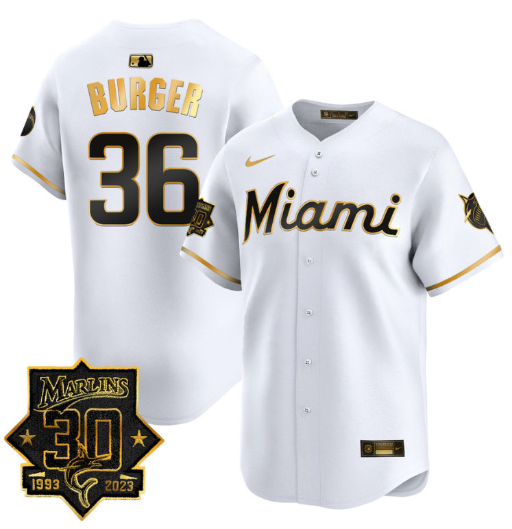 Jake Burger Jersey #36 Miami Marlins 30 Seasons Anniversary Patch Vapor Limited Stitched White Gold