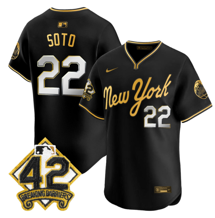 Juan Soto Jersey #22 New York Mets 2025 Jackie Robinson Patch Road Alternate Stitched Black Gold