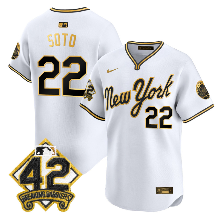 Juan Soto Jersey #22 New York Mets 2025 Jackie Robinson Patch Road Alternate Stitched White Gold