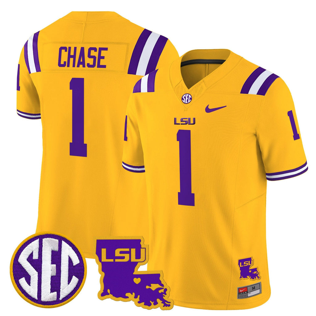 Ja'Marr Chase Jersey #1 LSU Tigers 2025 Louisiana Patch Stitched Gold
