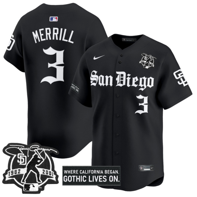 Jackson Merrill Jersey #3 San Diego Padres Gothic Edition Vapor Limited Stitched Black