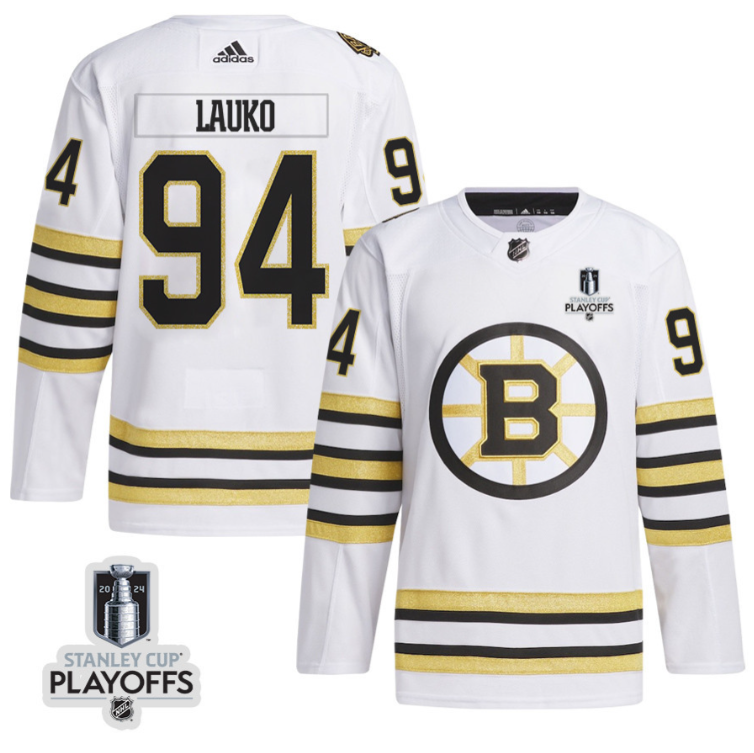Jakub Lauko 94 Boston Bruins 2024 NHL Playoffs Patch Away Jersey - Men, White (Copy)