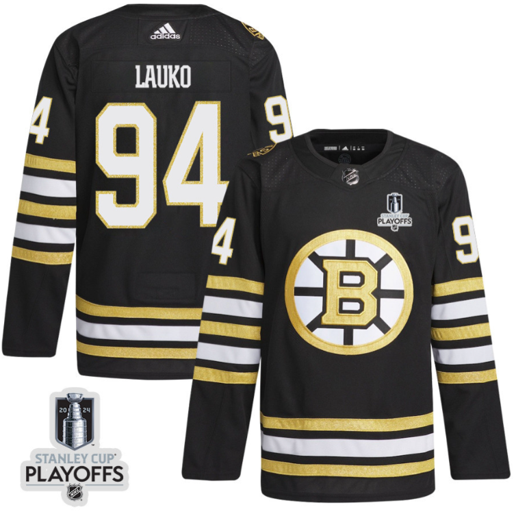 Jakub Lauko 94 Boston Bruins 2024 NHL Playoffs Patch Home Jersey - Men, Black