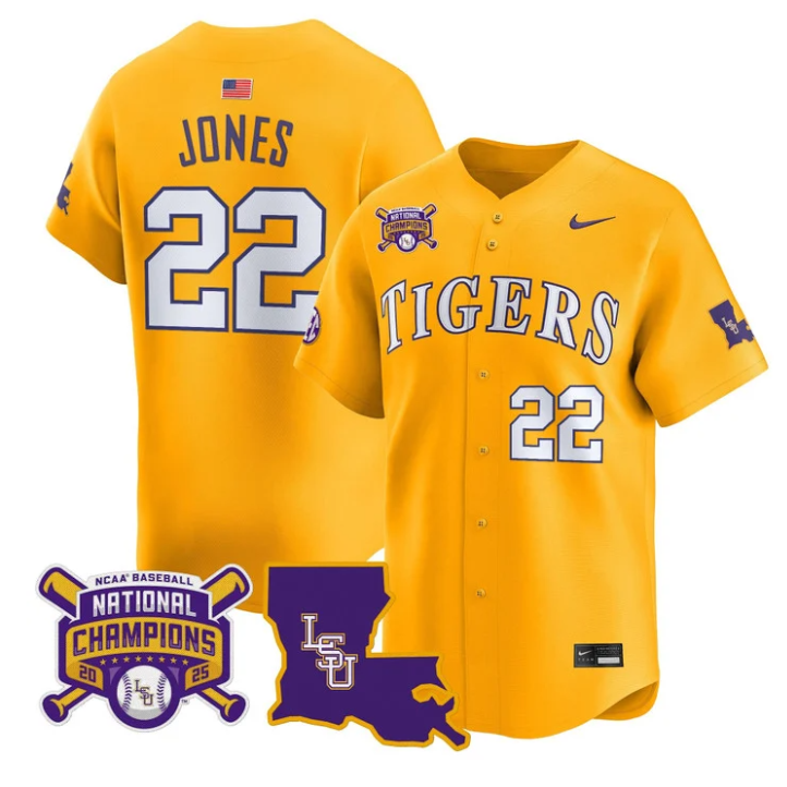 Jared Jones Jersey #22 LSU Tigers 2025 World Series Champions Stitched Gold