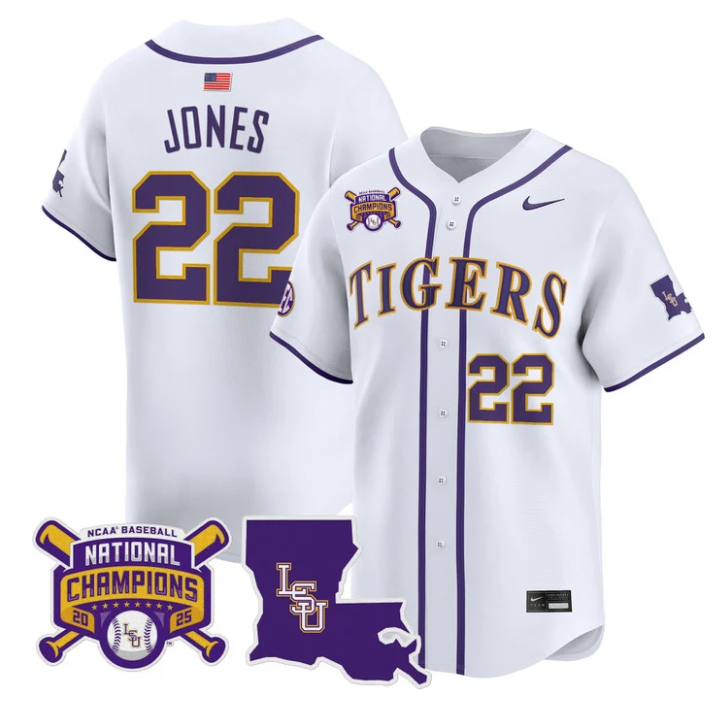 Jared Jones Jersey #22 LSU Tigers 2025 World Series Champions Stitched White