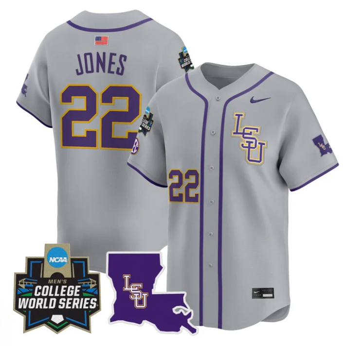 Jared Jones Jersey #22 LSU Tigers 2025 World Series Stitched Gray
