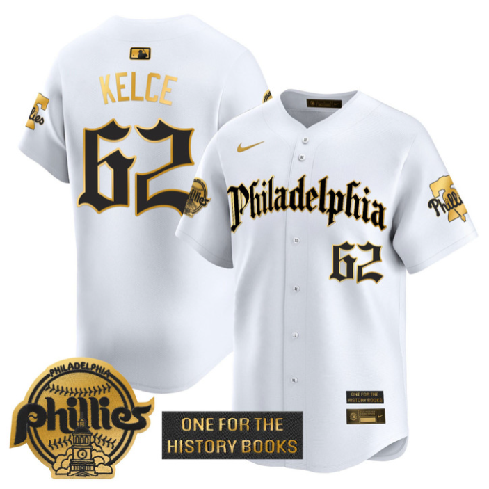Jason Kelce Jersey #62 Phillies Retro Newspaper Edition Gold Vapor Premier Stitched White Gold
