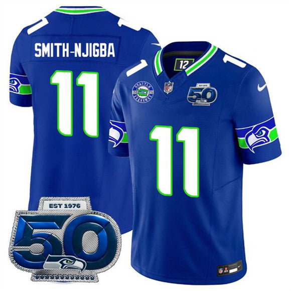 Jaxon Smith-Njigba Jersey #11 Royal 2025 F.U.S.E 50th Season Patch Throwback Stitched