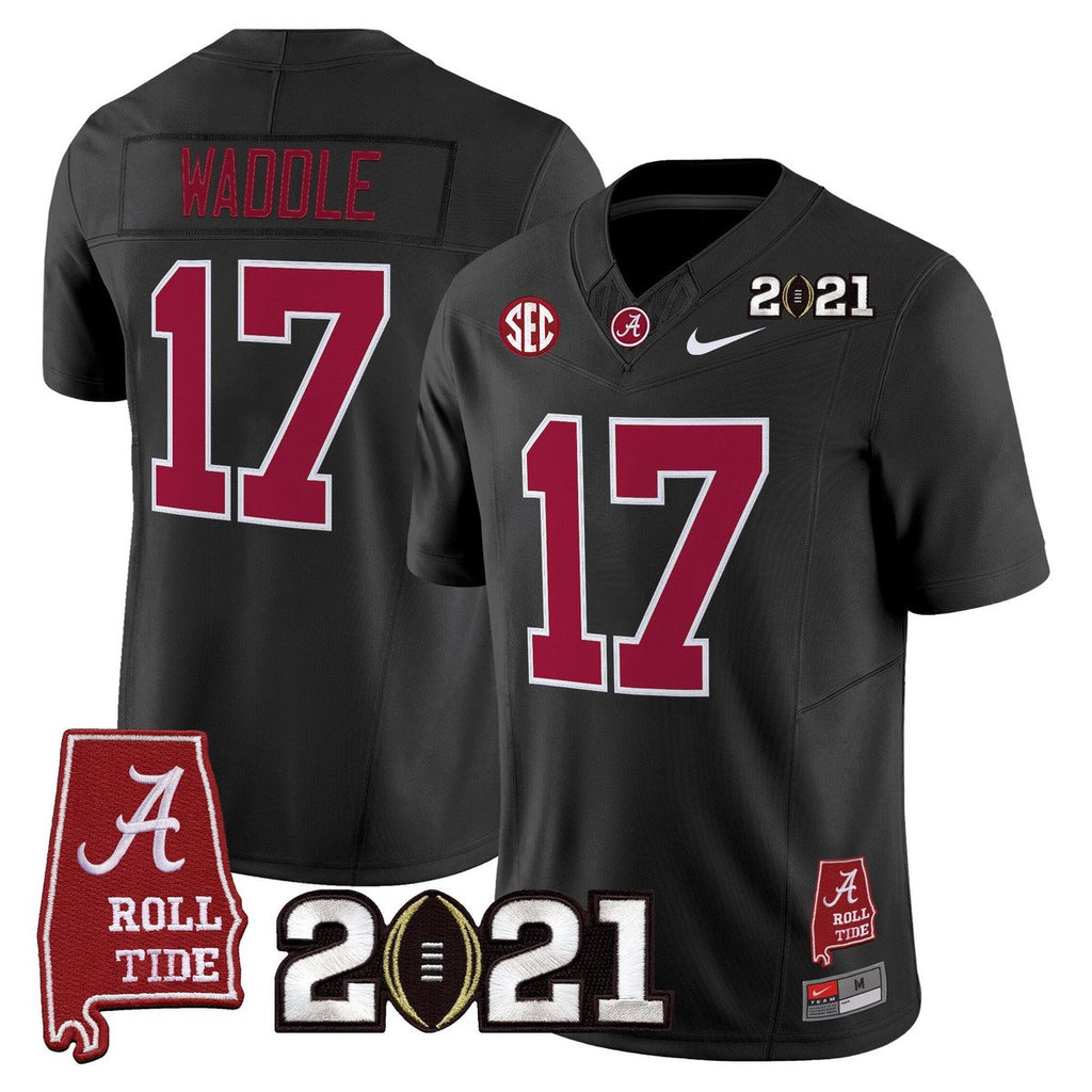 Jaylen Waddle Jersey #7 Alabama 2021 CFP Championship Alabama Map Black