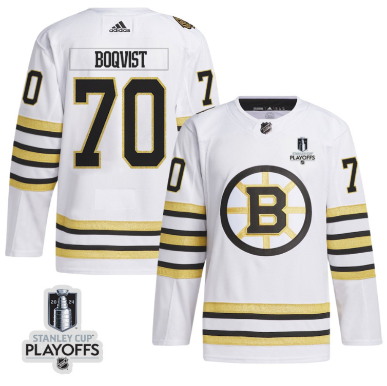 Jesper Boqvist 70 Boston Bruins 2024 NHL Playoffs Patch Away Jersey - Men, White