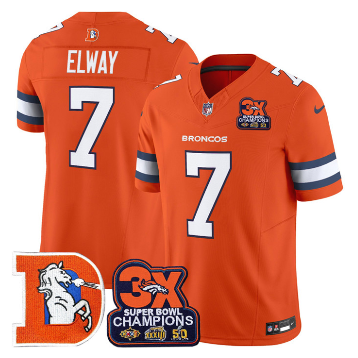 John Elway Jersey #7 Throwback Vapor 3-Time Champions Patch Stitched Orange