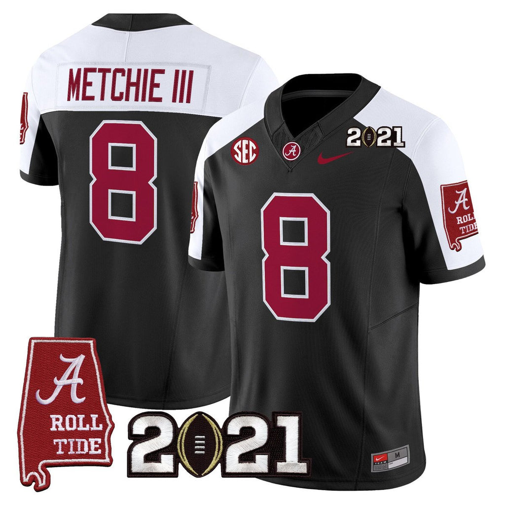John Metchie III Jersey #8 Alabama 2021 CFP Championship Alabama Map Black Alter