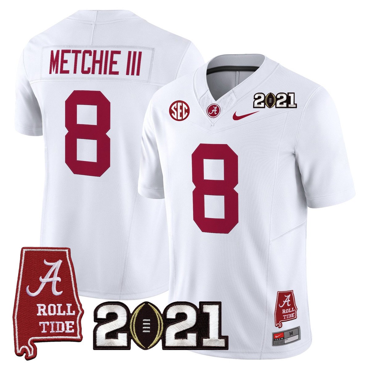 John Metchie III Jersey #8 Alabama 2021 CFP Championship Alabama Map White