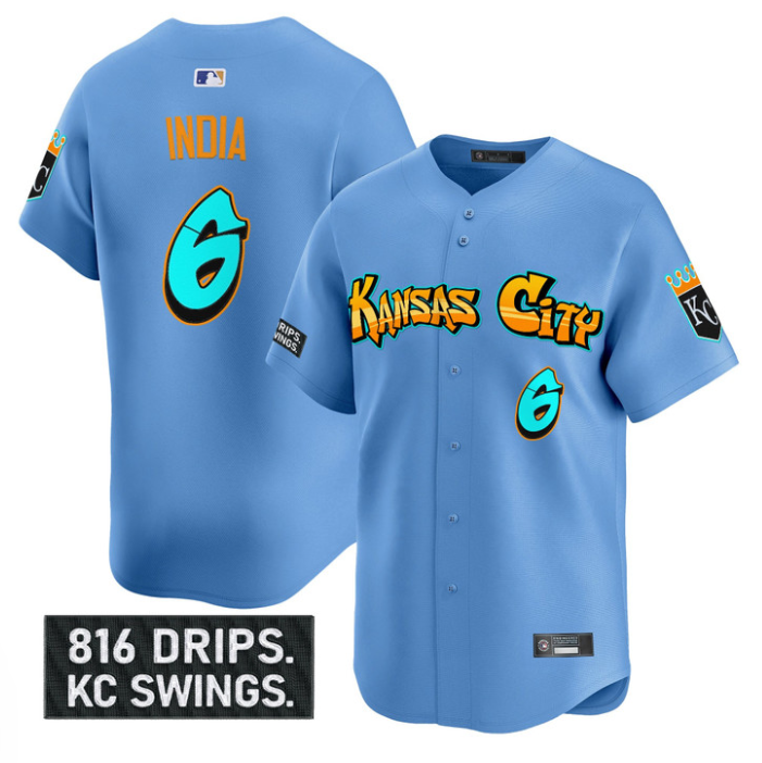 Jonathan India Jersey #6 Kansas City Royals Graffiti Crown Drop Stitched Blue