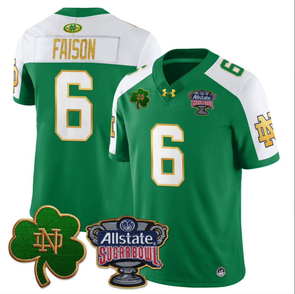 Jordan Faison Jersey #6 Notre Dame Fighting Irish Allstate Sugar Bowl Green White