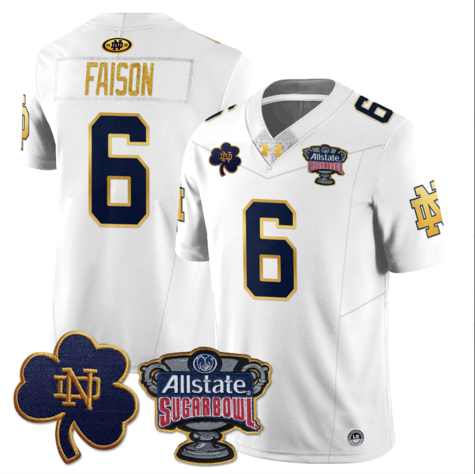 Jordan Faison Jersey #6 Notre Dame Fighting Irish Allstate Sugar Bowl White