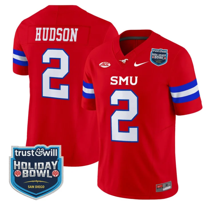 Jordan Hudson Jersey #2 SMU Mustangs 2026 Holiday Bowl Patch Stitched Red