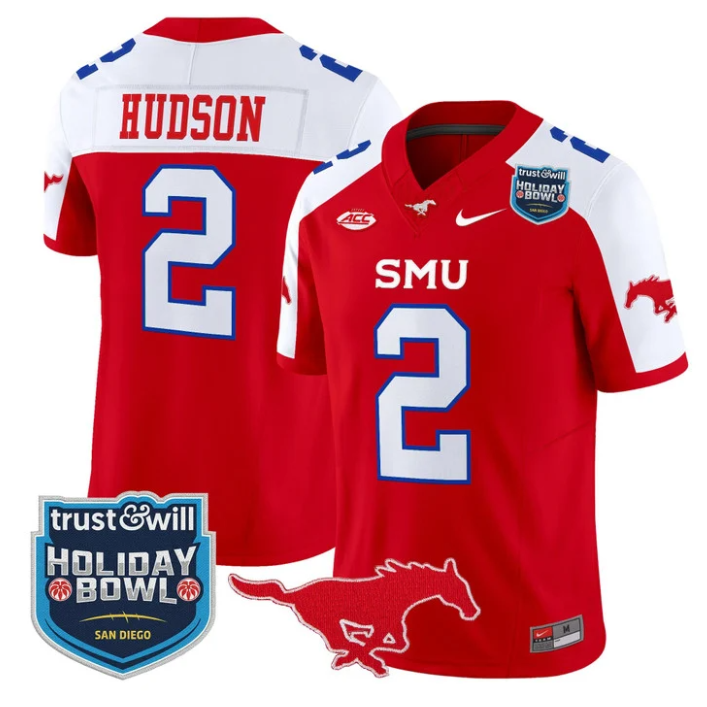 Jordan Hudson Jersey #2 SMU Mustangs 2026 Holiday Bowl Patch Stitched Red Alternate