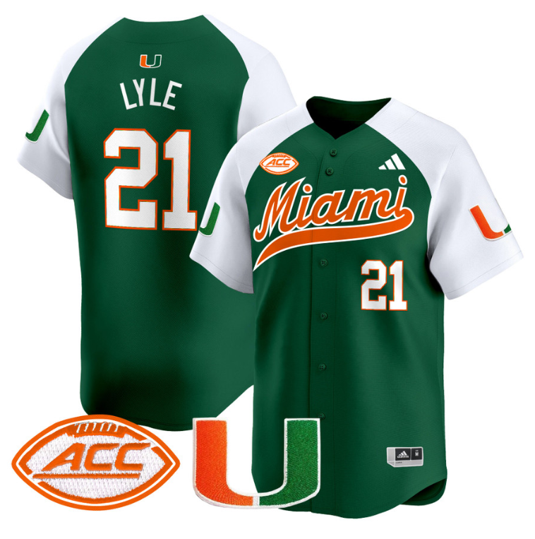 Jordan Lyle Jersey #21 Miami Hurricanes 2024 Baseball Stitched Green Alternate
