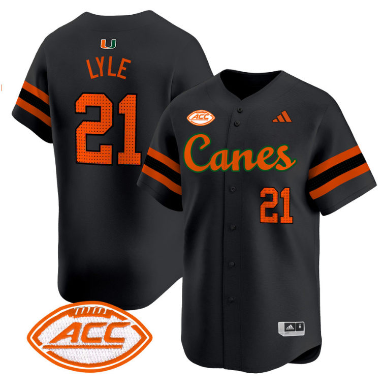 Jordan Lyle Jersey #21 Miami Hurricanes 2024 Baseball V2 Black