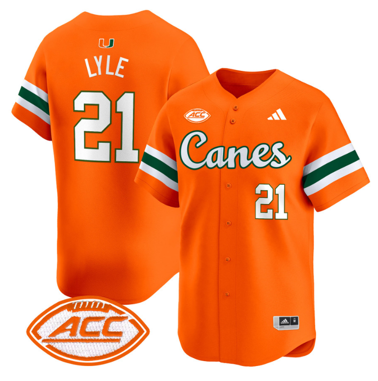 Jordan Lyle Jersey #21 Miami Hurricanes 2024 Baseball V2 Orange