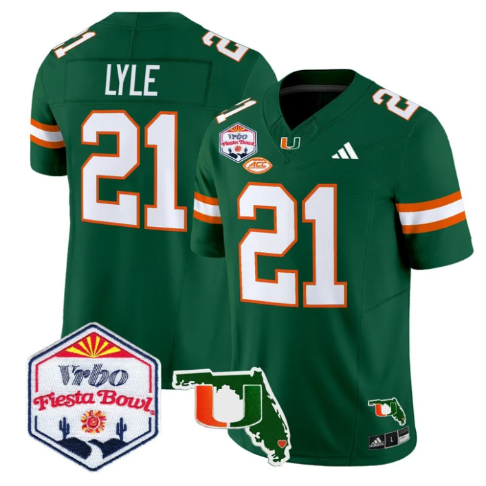 Jordan Lyle Jersey #21 Miami Hurricanes 2026 Fiesta Bowl Florida Green