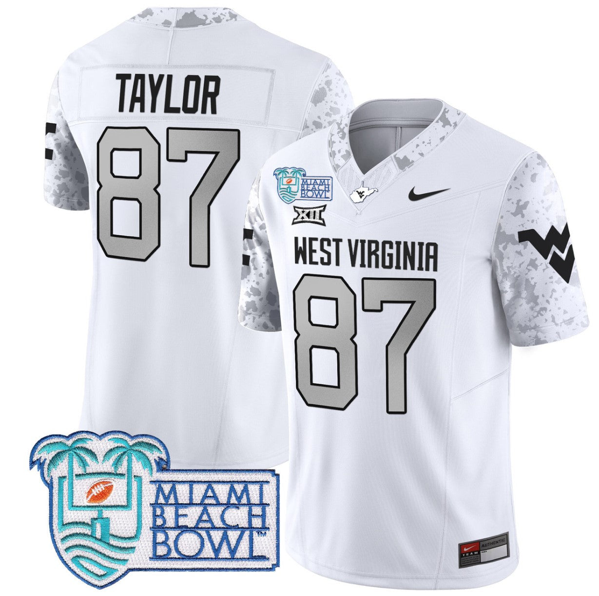 Kole Taylor Jersey #87 West Virginia Mountaineers 2025 Miami Beach Bowl White