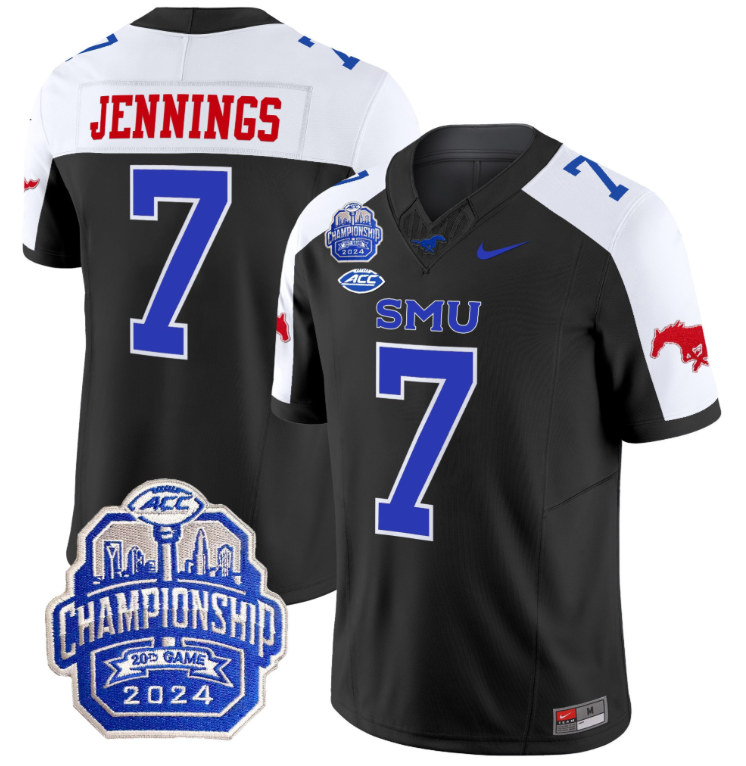 Kevin Jennings Jersey #7 SMU Mustangs 2024 ACC Championship Patch Black Alternate