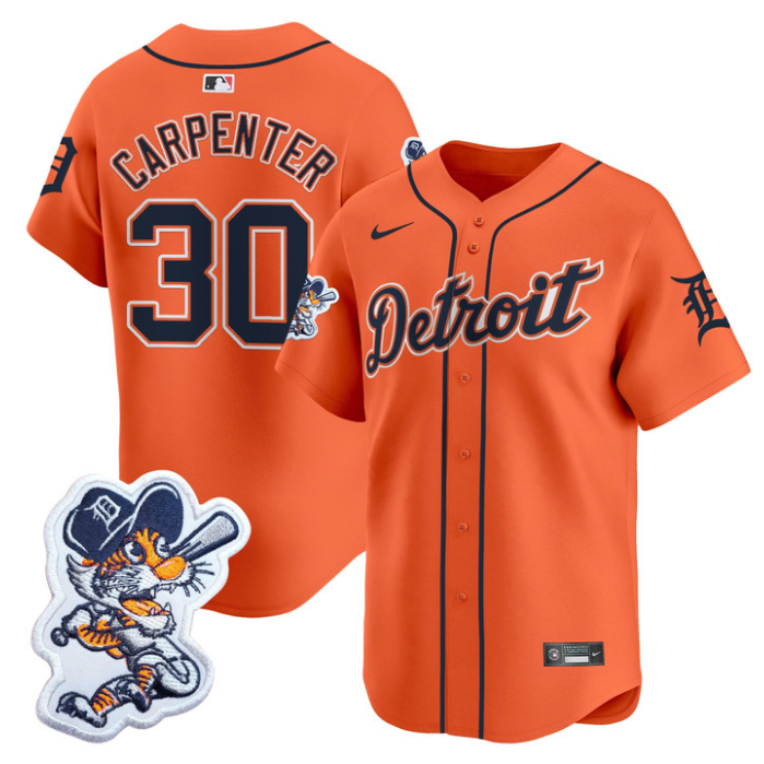 Kerry Carpenter Jersey #30 Detroit Tigers Paws Patch Vapor Premier Limited Stitched Orange
