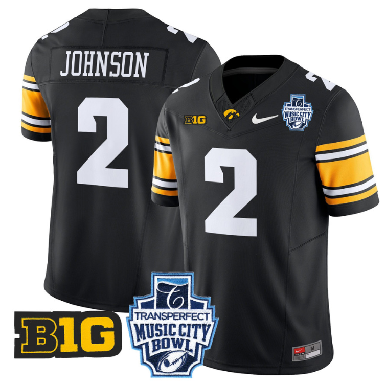 Kaleb Johnson Jersey #2 Iowa Hawkeyes 2024 Music City Bowl Patch Black