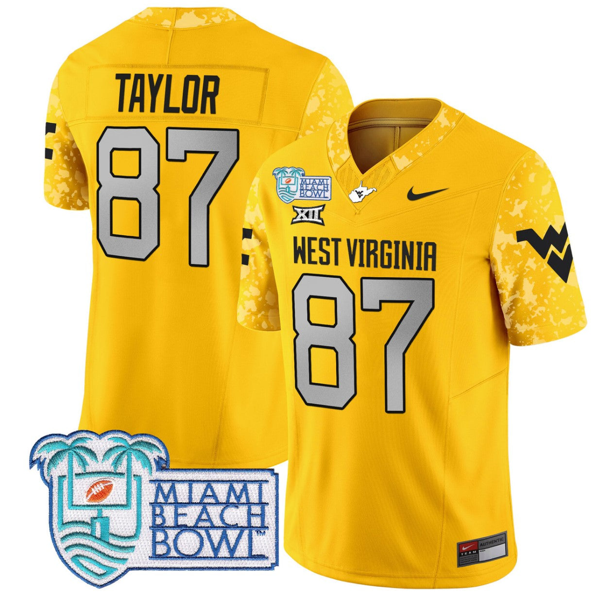 Kole Taylor Jersey #87 West Virginia Mountaineers 2025 Miami Beach Bowl Gold